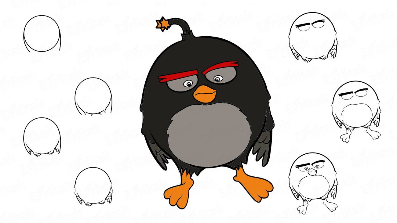 Как нарисовать Бомба из мультфильма “Angry Birds”
